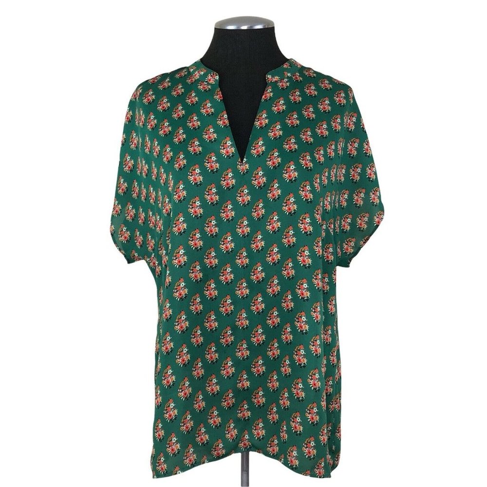 cabi Stevie Green Tunic Popover Top with Small Floral Bouquet Print Size…